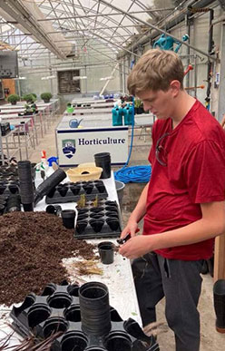 TRU horticulture student preparing plant trays